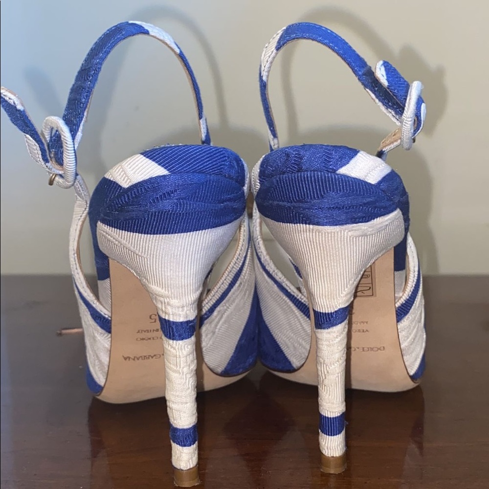 Dolce & Gabbana Blue and White Stripe Brocade Fabric Pointed Toe Sandals - Picture 3 of 11